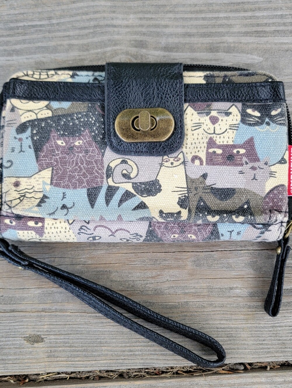 Union Bay cat print wallet with wristlet strap - black, grey, and purple
